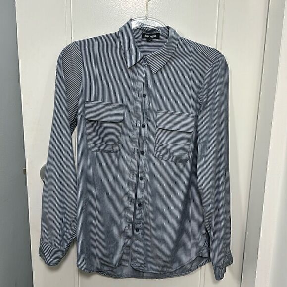 Express Women Shirt Navy White Vertical Striped Button Up Roll Sleeve Size XS TP - Picture 2 of 6
